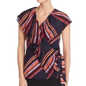 Tory Burch | Adelia Wrap Top Red and Blue Ruffled Shoulder Tie Side Blouse